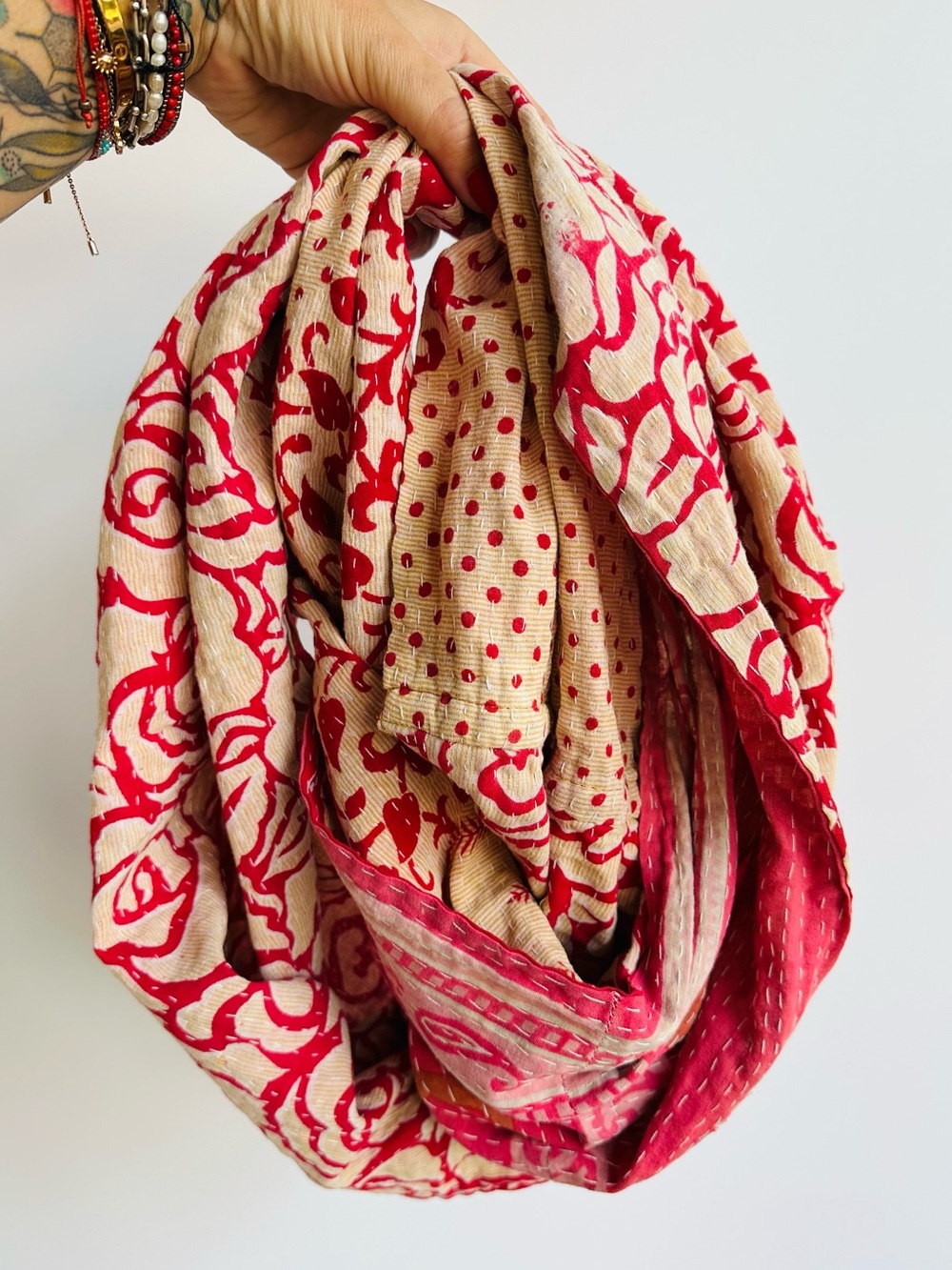 World Market Kantha Patchwork Infinity Scarf Floral Paisley Boho Reversible - Picture 4 of 9